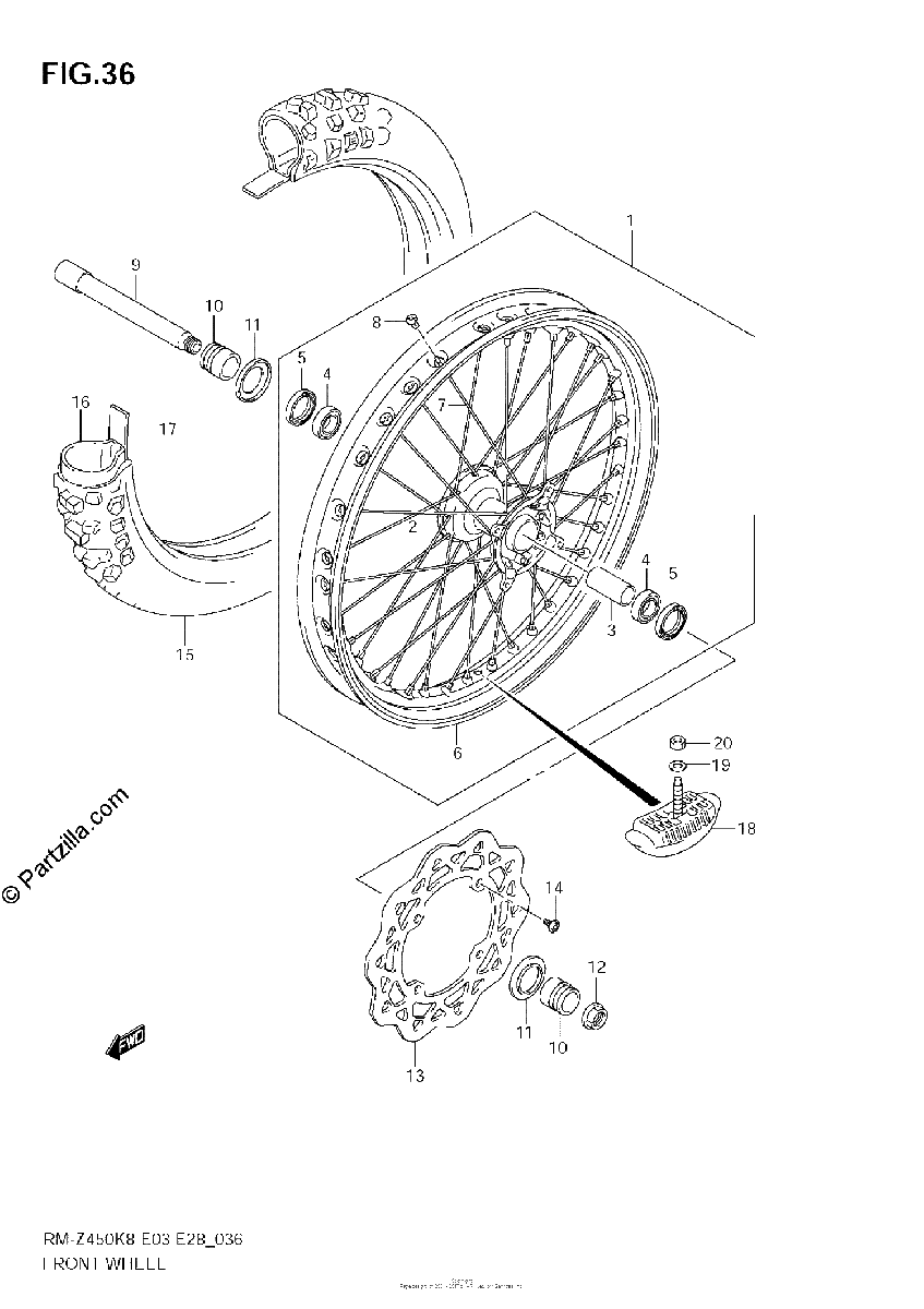 Diagrama de FRONT WHEEL RM Z450 K8 K9 L0