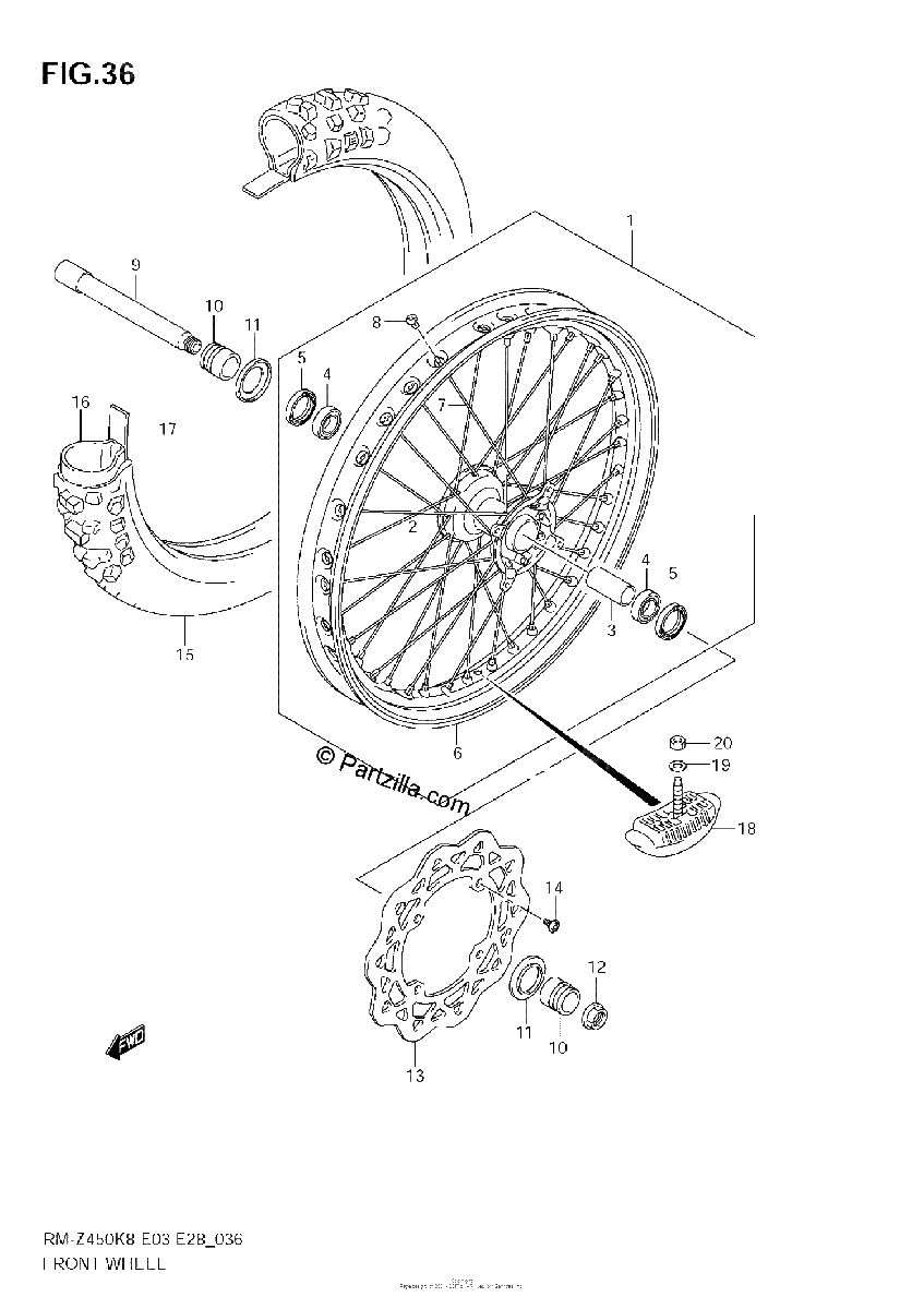 Diagrama de FRONT WHEEL RM Z450 K8 K9 L0