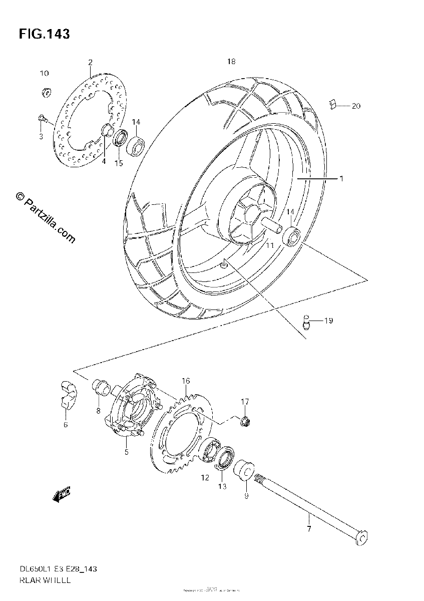 Diagrama de REAR WHEEL DL650 L1 E28