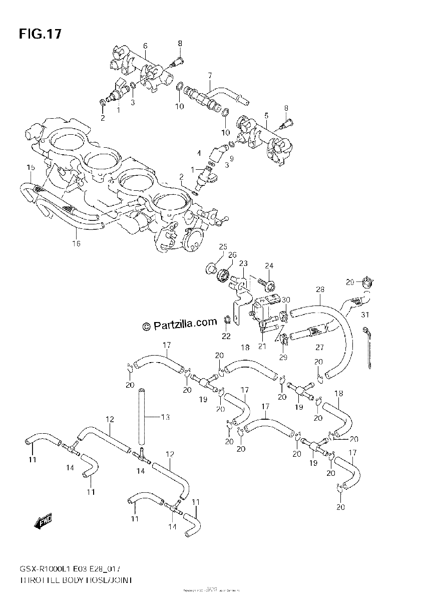 Diagrama de THROTTLE BODY HOSE JOINT GSX R1000L1 E33