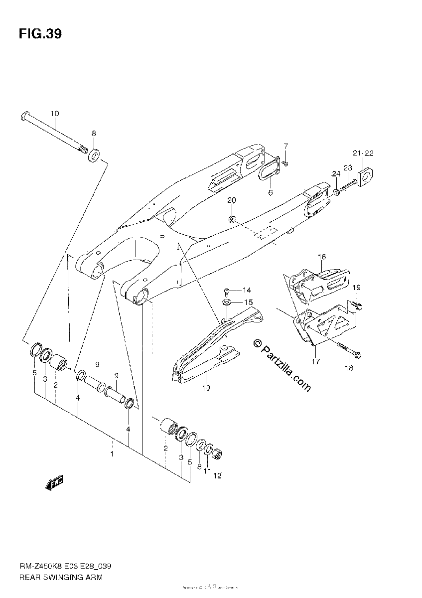 Diagrama de REAR SWINGING ARM RM Z450 K8 K9