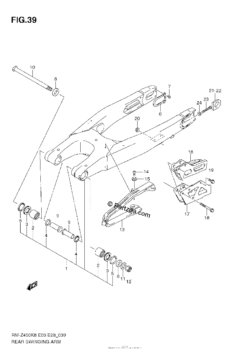 Diagrama de REAR SWINGING ARM RM Z450 K8 K9