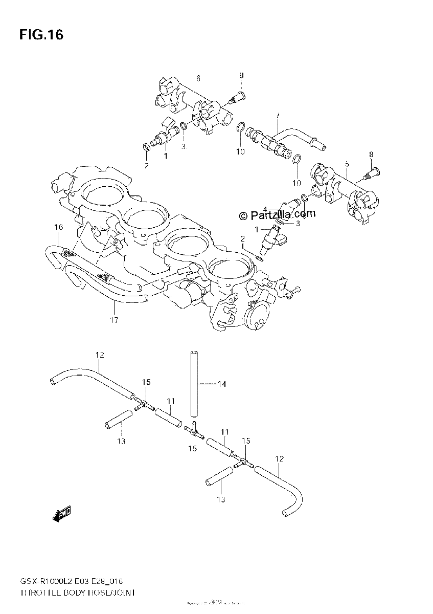 Diagrama de THROTTLE BODY HOSE JOINT GSX R1000 L2 E28
