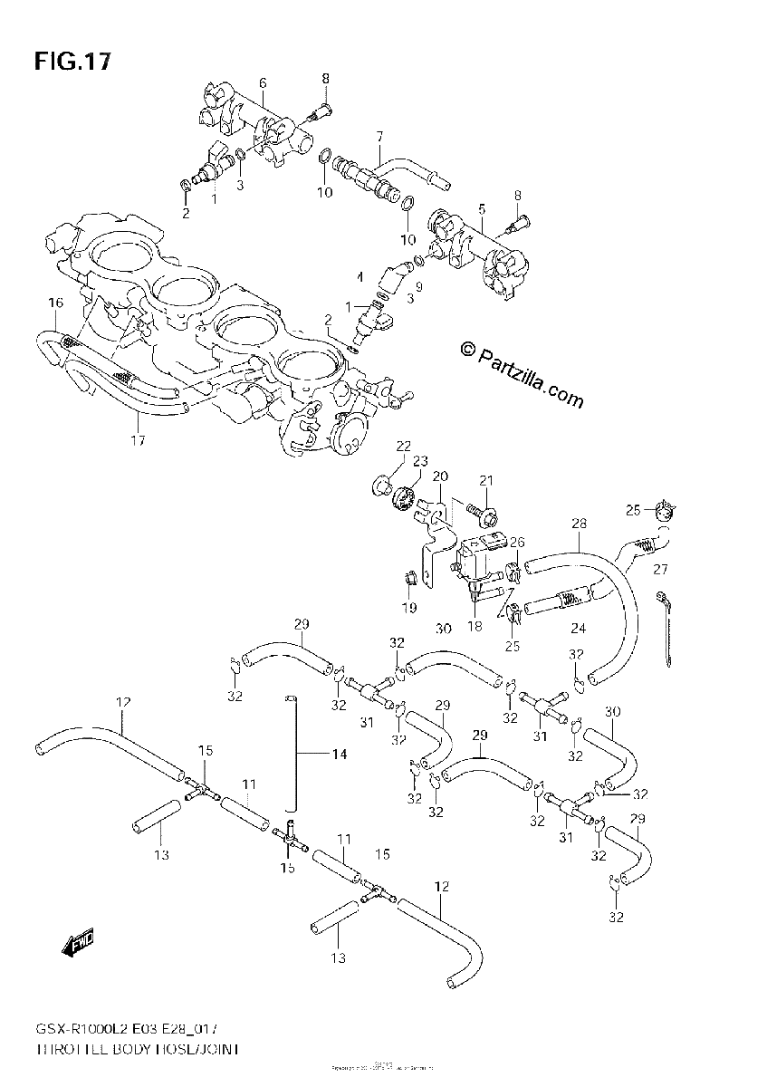 Diagrama de THROTTLE BODY HOSE JOINT GSX R1000 L2 E33