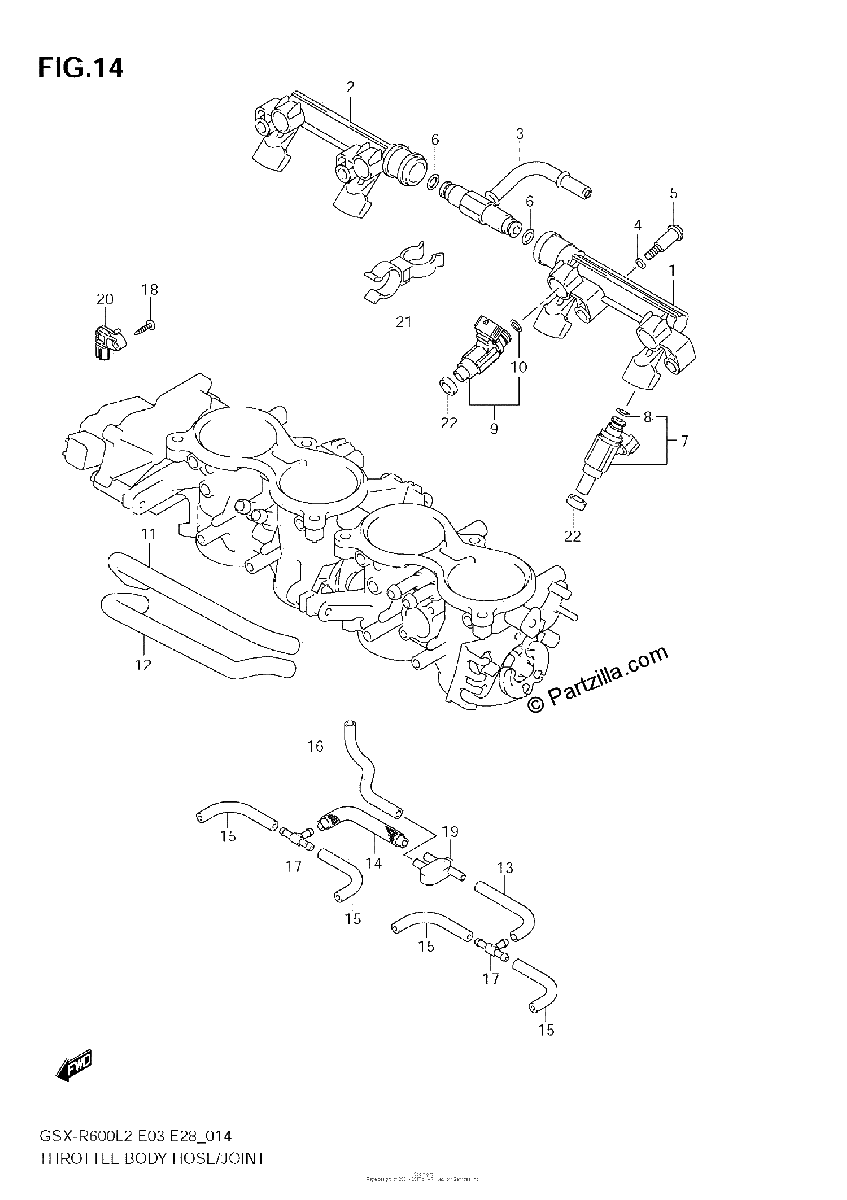 Diagrama de THROTTLE BODY HOSE JOINT GSX R600L2 E03