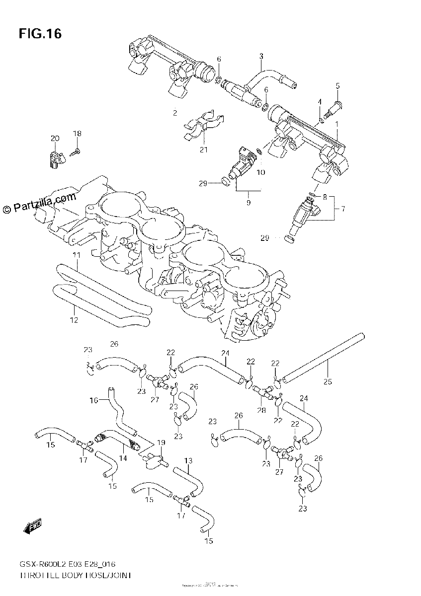 Diagrama de THROTTLE BODY HOSE JOINT GSX R600L2 E33