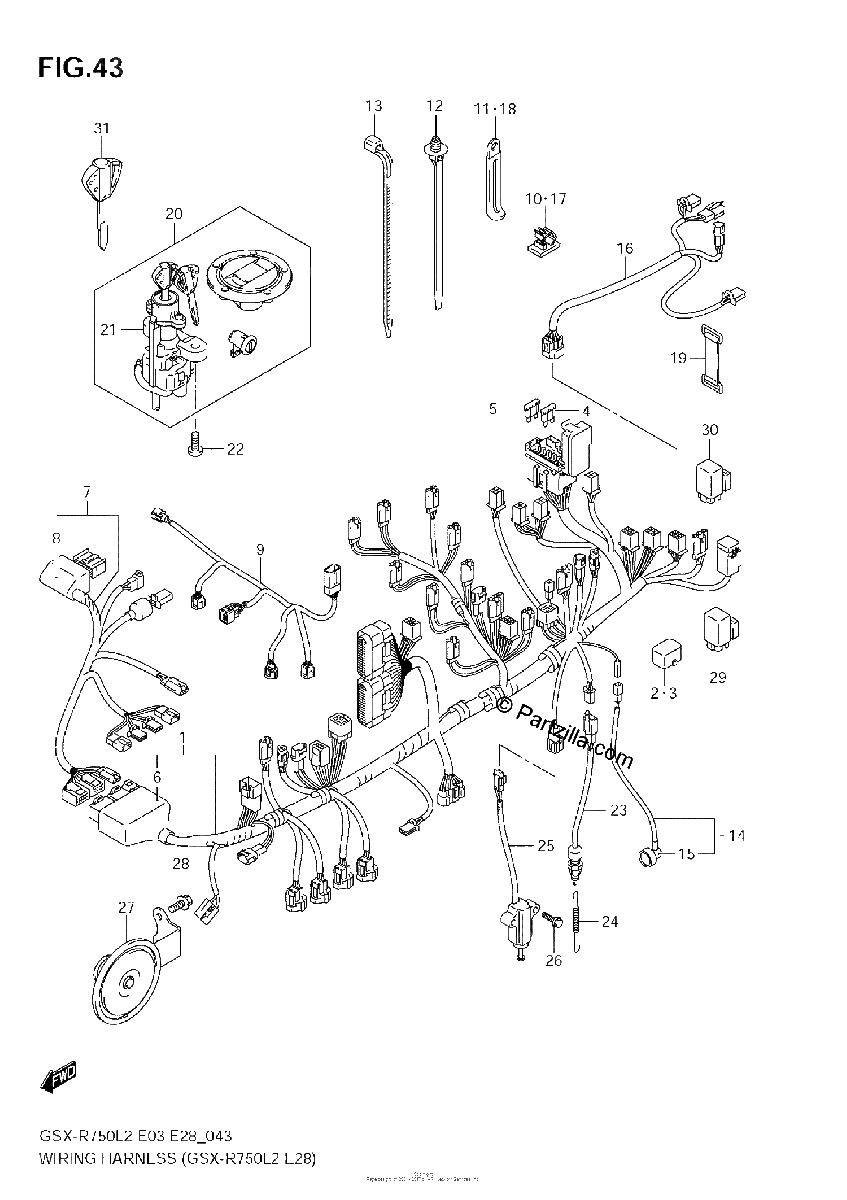 Diagrama de WIRING HARNESS GSX R750 L2 E28