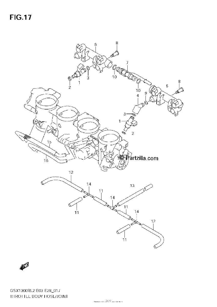 Diagrama de THROTTLE BODY HOSE JOINT GSX1300R L2 E28