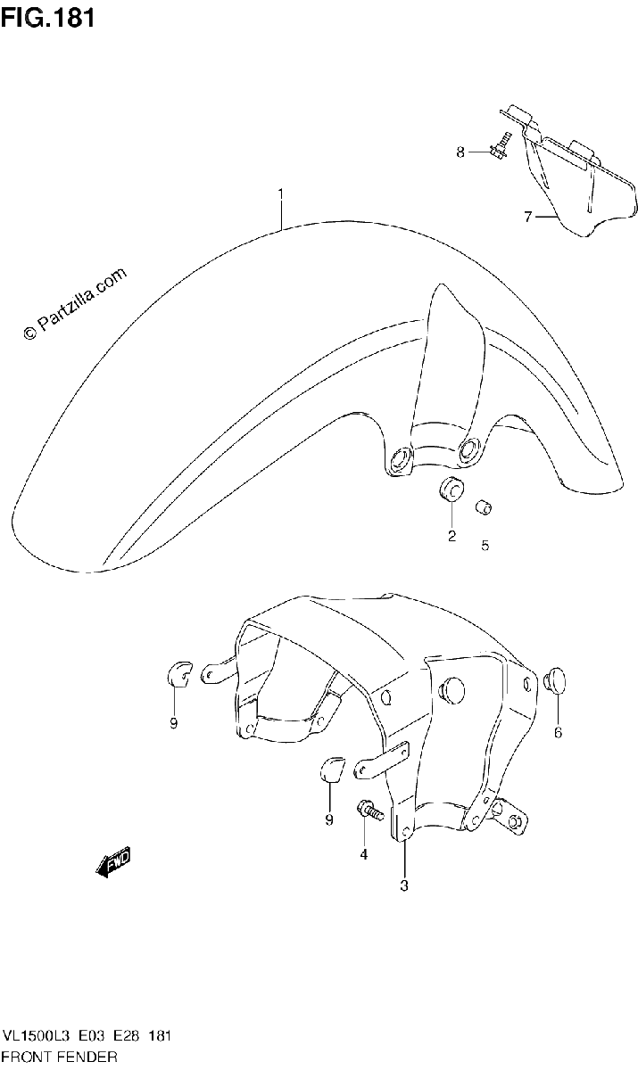Diagrama de FRONT FENDER VL1500L3 E33