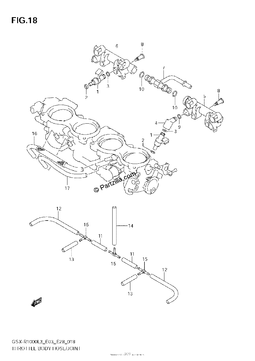 Diagrama de THROTTLE BODY HOSE JOINT GSX R1000L3 E03