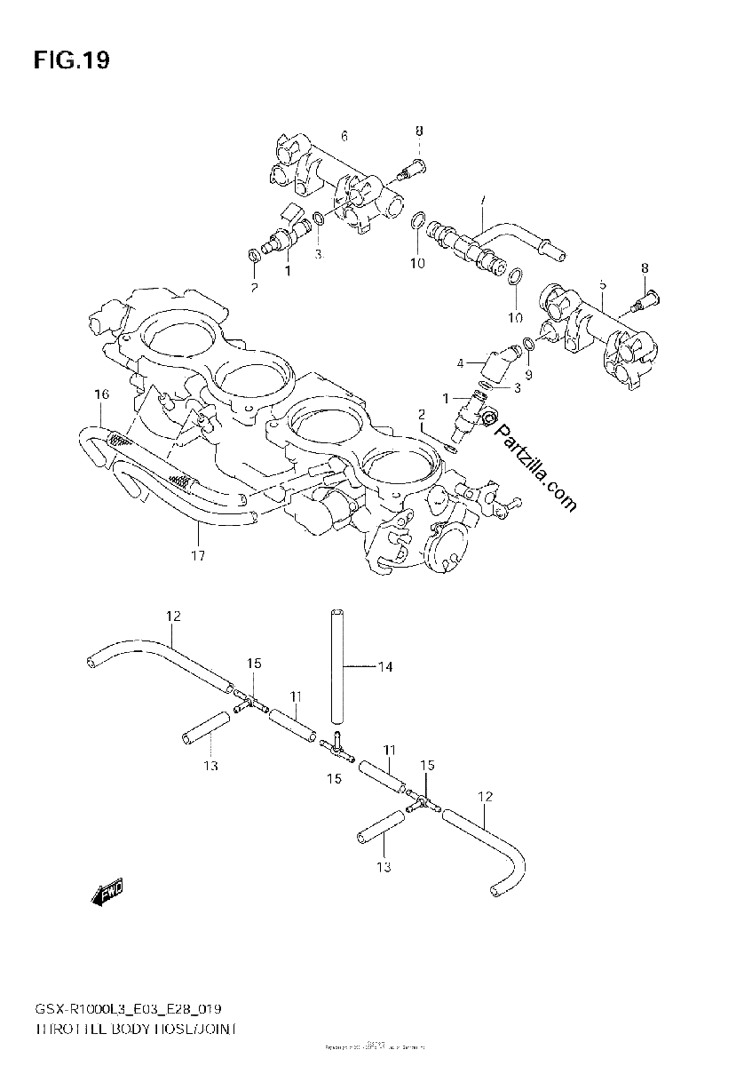 Diagrama de THROTTLE BODY HOSE JOINT GSX R1000L3 E28