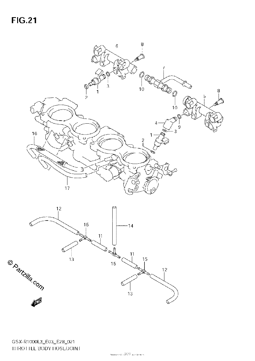 Diagrama de THROTTLE BODY HOSE JOINT GSX R1000ZL3 E03