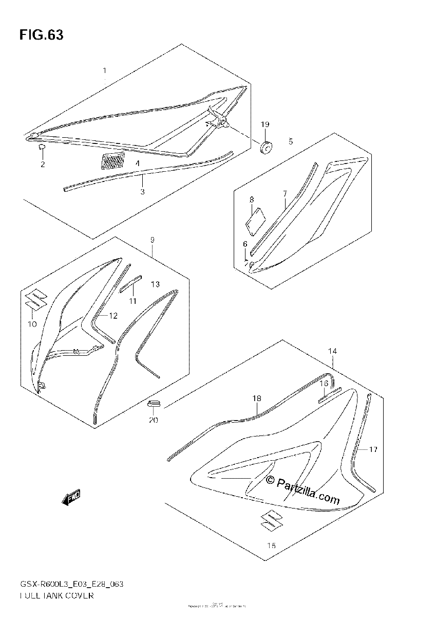 Diagrama de FUEL TANK COVER GSX R600L3 E28