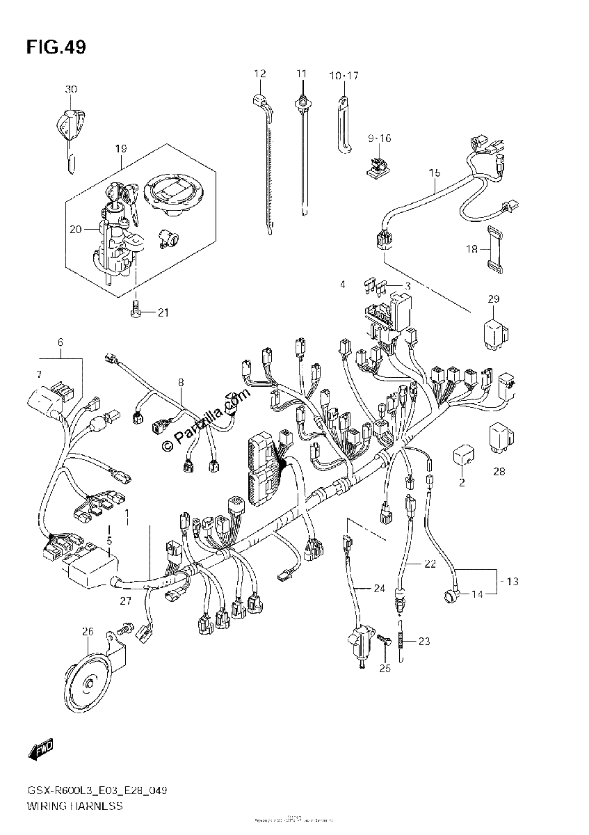 Diagrama de WIRING HARNESS GSX R600L3 E03
