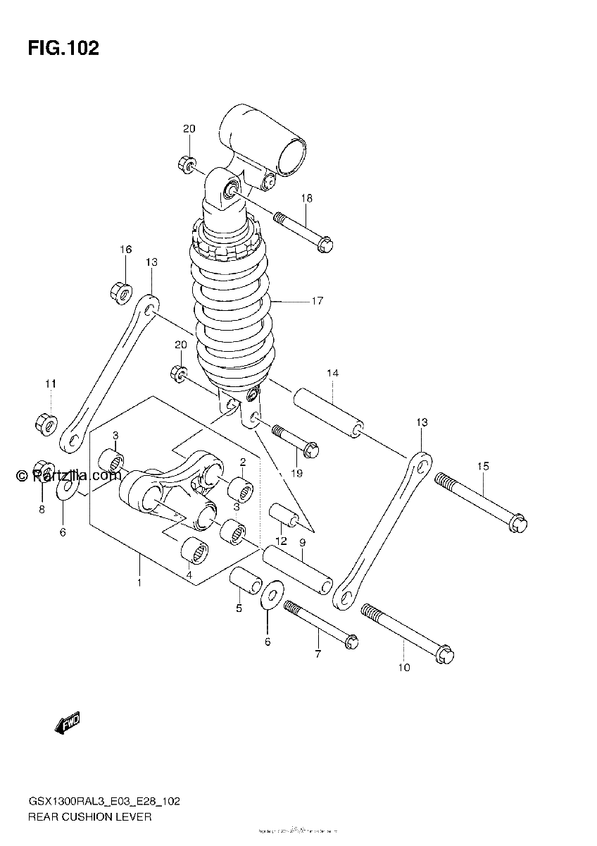 Diagrama de REAR CUSHION LEVER GSX1300RAL3 E28