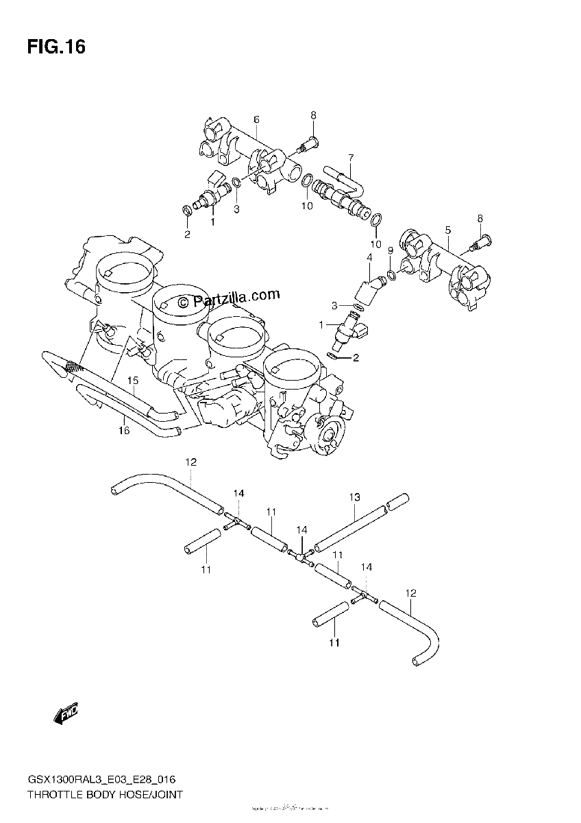 Diagrama de THROTTLE BODY HOSE JOINT GSX1300RAL3 E03