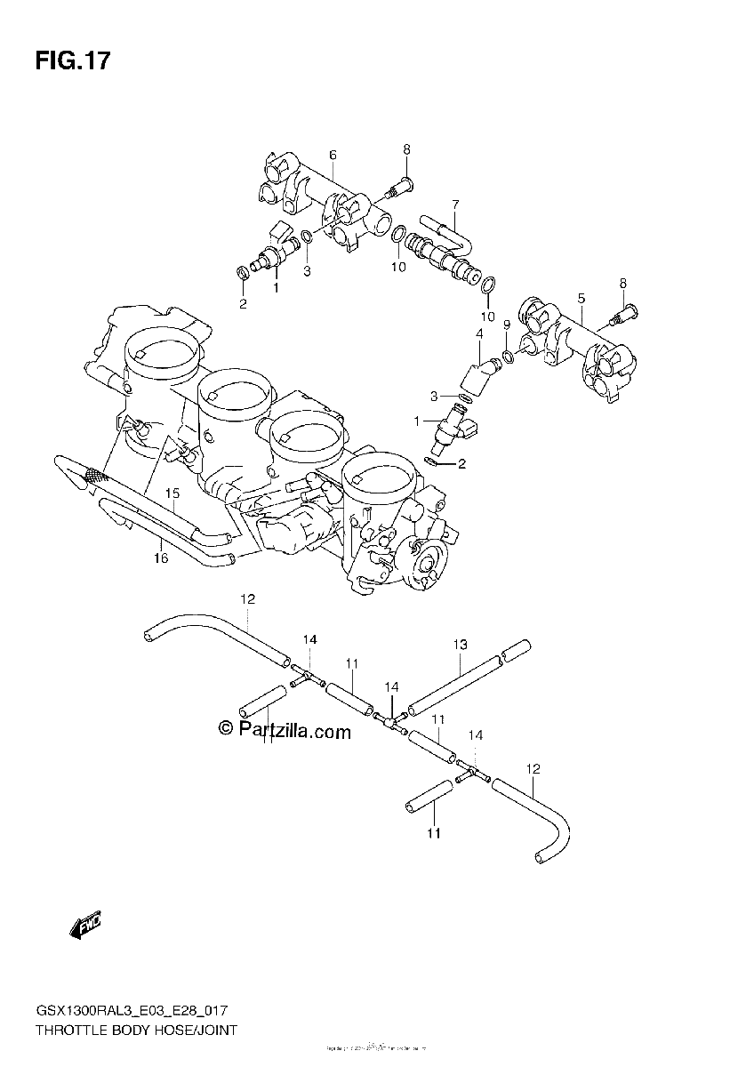 Diagrama de THROTTLE BODY HOSE JOINT GSX1300RAL3 E28