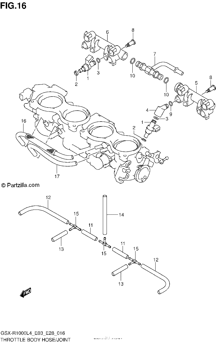 Diagrama de THROTTLE BODY HOSE JOINT GSX R1000L4 E28