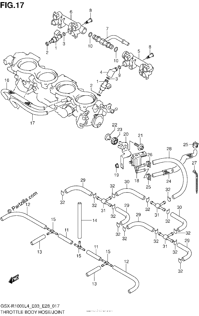 Diagrama de THROTTLE BODY HOSE JOINT GSX R1000L4 E33
