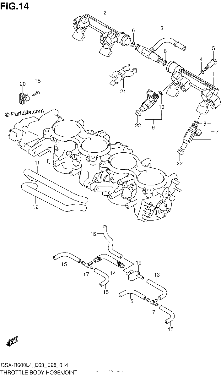 Diagrama de THROTTLE BODY HOSE JOINT GSX R600L4 E03