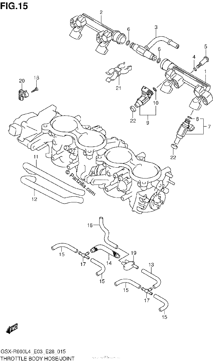Diagrama de THROTTLE BODY HOSE JOINT GSX R600L4 E28