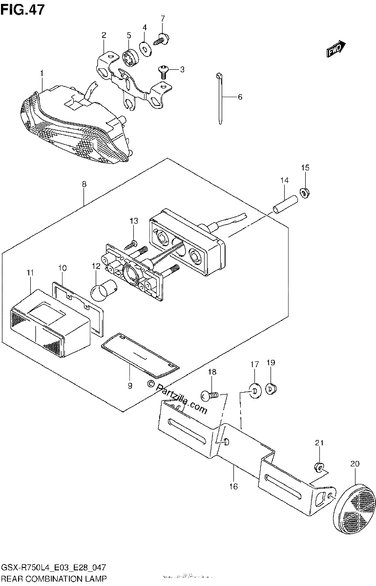 Diagrama de REAR COMBINATION LAMP GSX R750L4 E03
