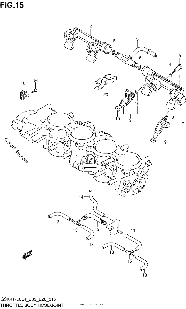 Diagrama de THROTTLE BODY HOSE JOINT GSX R750L4 E03