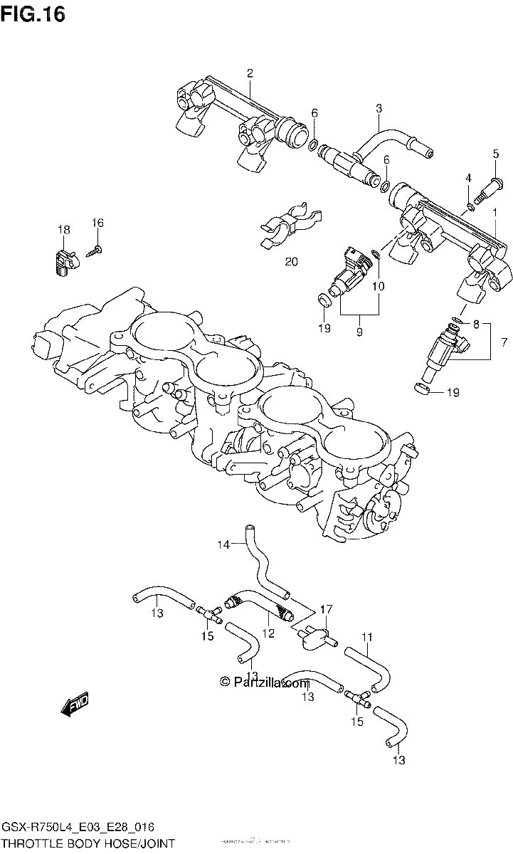 Diagrama de THROTTLE BODY HOSE JOINT GSX R750L4 E28