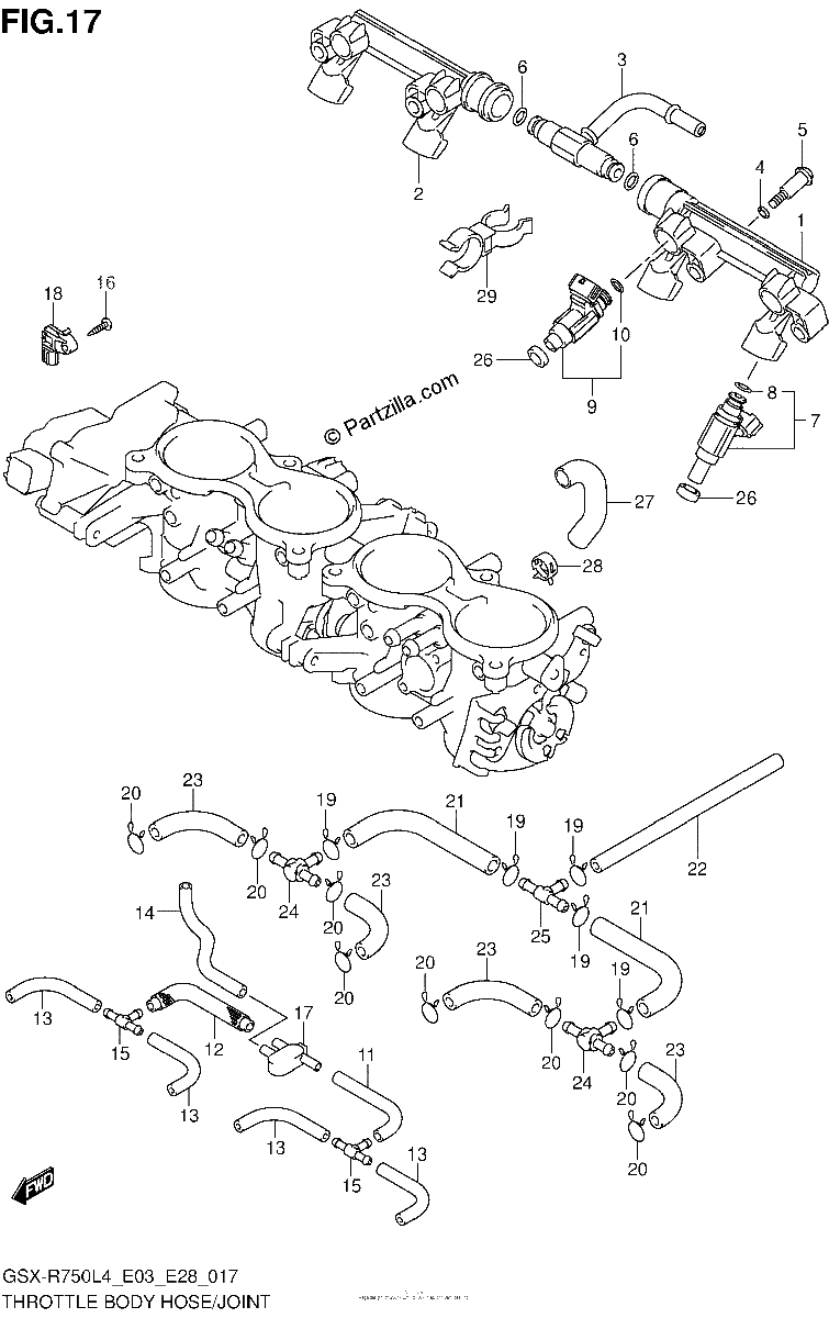 Diagrama de THROTTLE BODY HOSE JOINT GSX R750L4 E33
