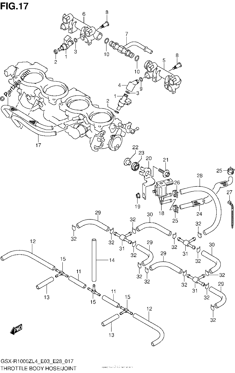 Diagrama de THROTTLE BODY HOSE JOINT GSX R1000ZL4 E33