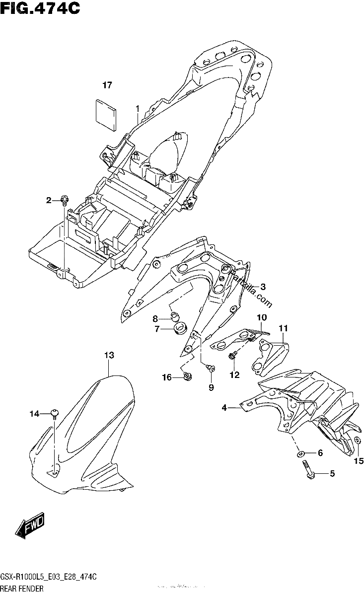 Diagrama de REAR FENDER GSX R1000L5 E33
