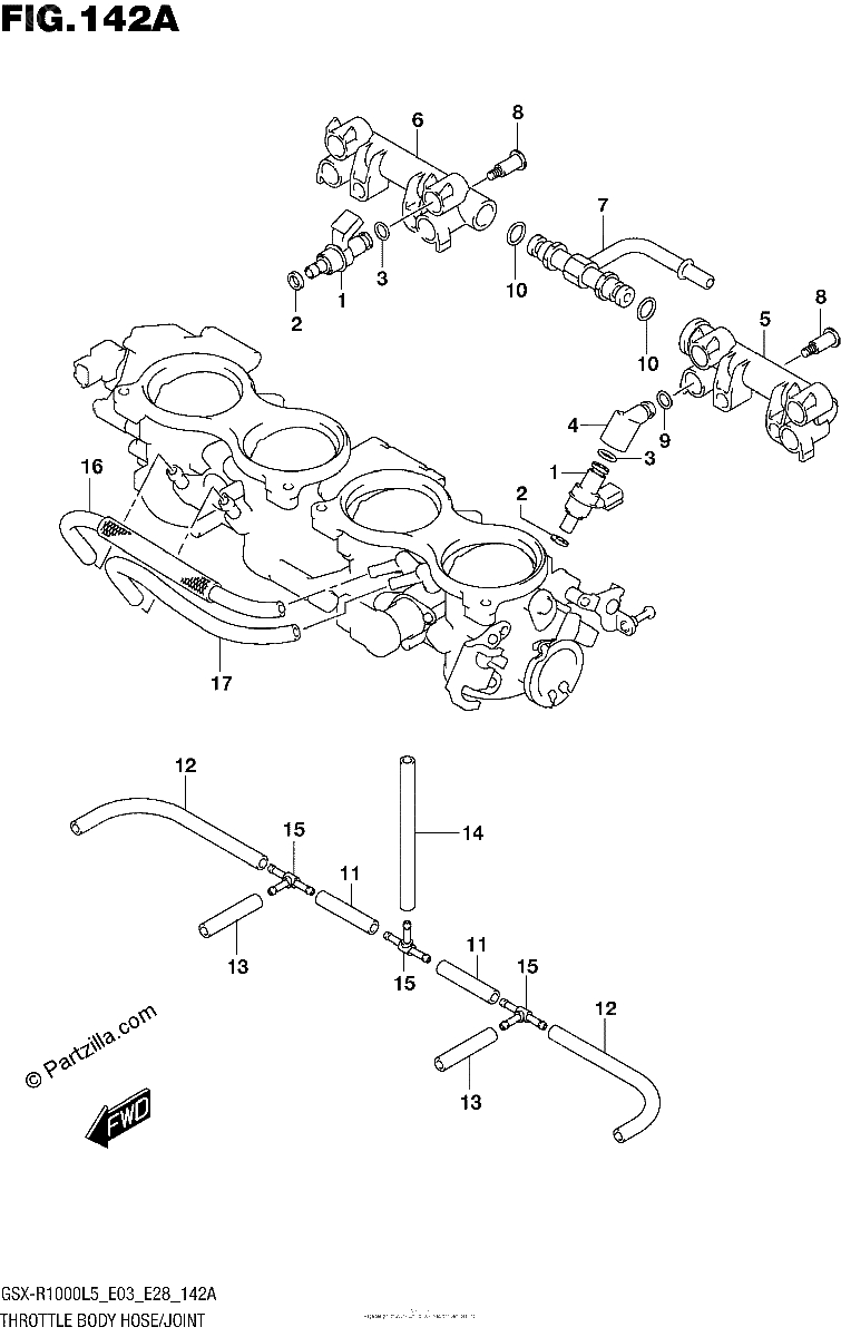 Diagrama de THROTTLE BODY HOSE JOINT GSX R1000L5 E03
