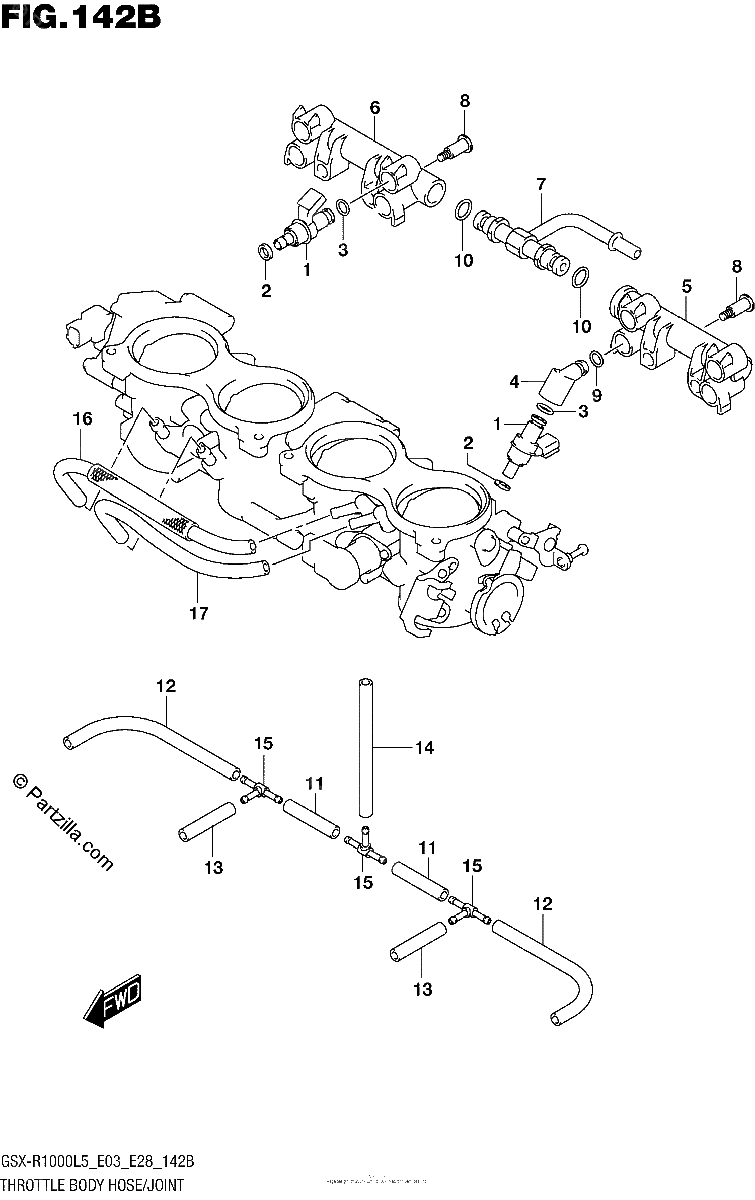 Diagrama de THROTTLE BODY HOSE JOINT GSX R1000L5 E28