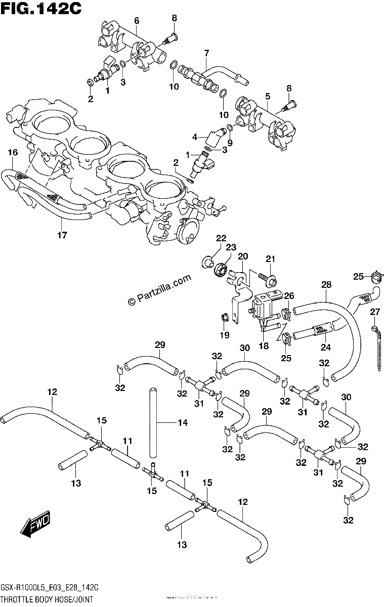 Diagrama de THROTTLE BODY HOSE JOINT GSX R1000L5 E33