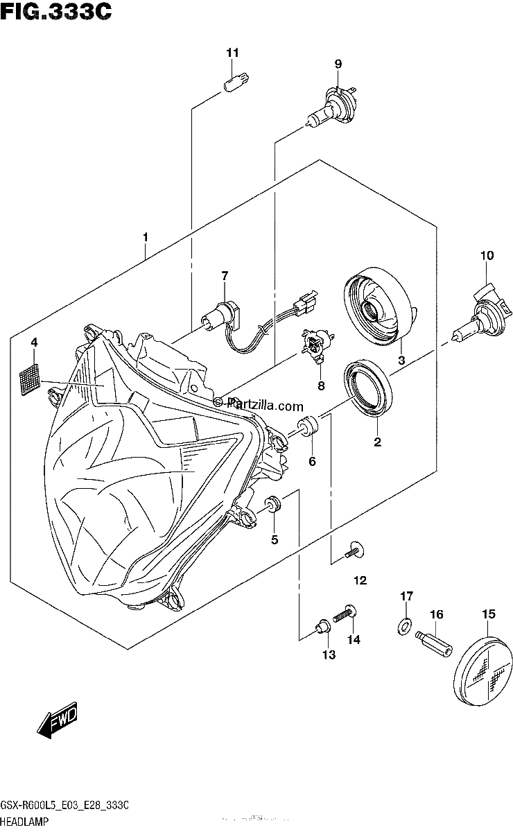 Diagrama de HEADLAMP GSX R600L5 E33