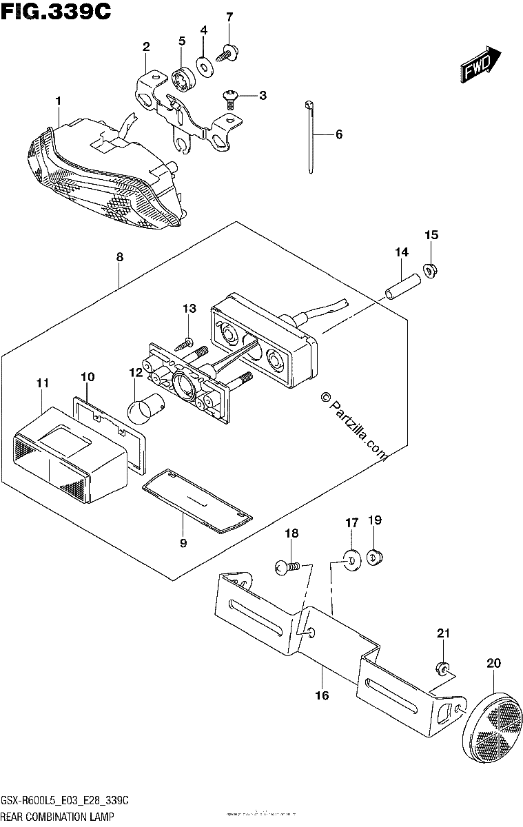 Diagrama de REAR COMBINATION LAMP GSX R600L5 E33