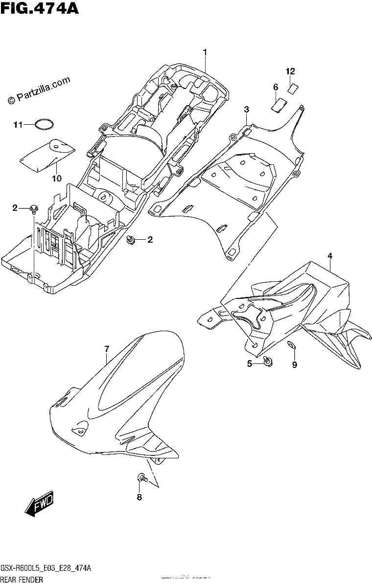 Diagrama de REAR FENDER GSX R600L5 E03