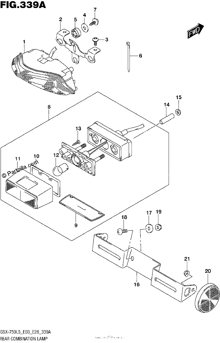 Diagrama de REAR COMBINATION LAMP GSX R750L5 E03