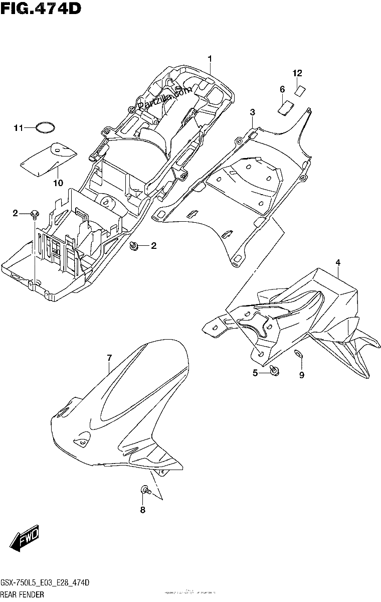 Diagrama de REAR FENDER GSX R750L5 E28