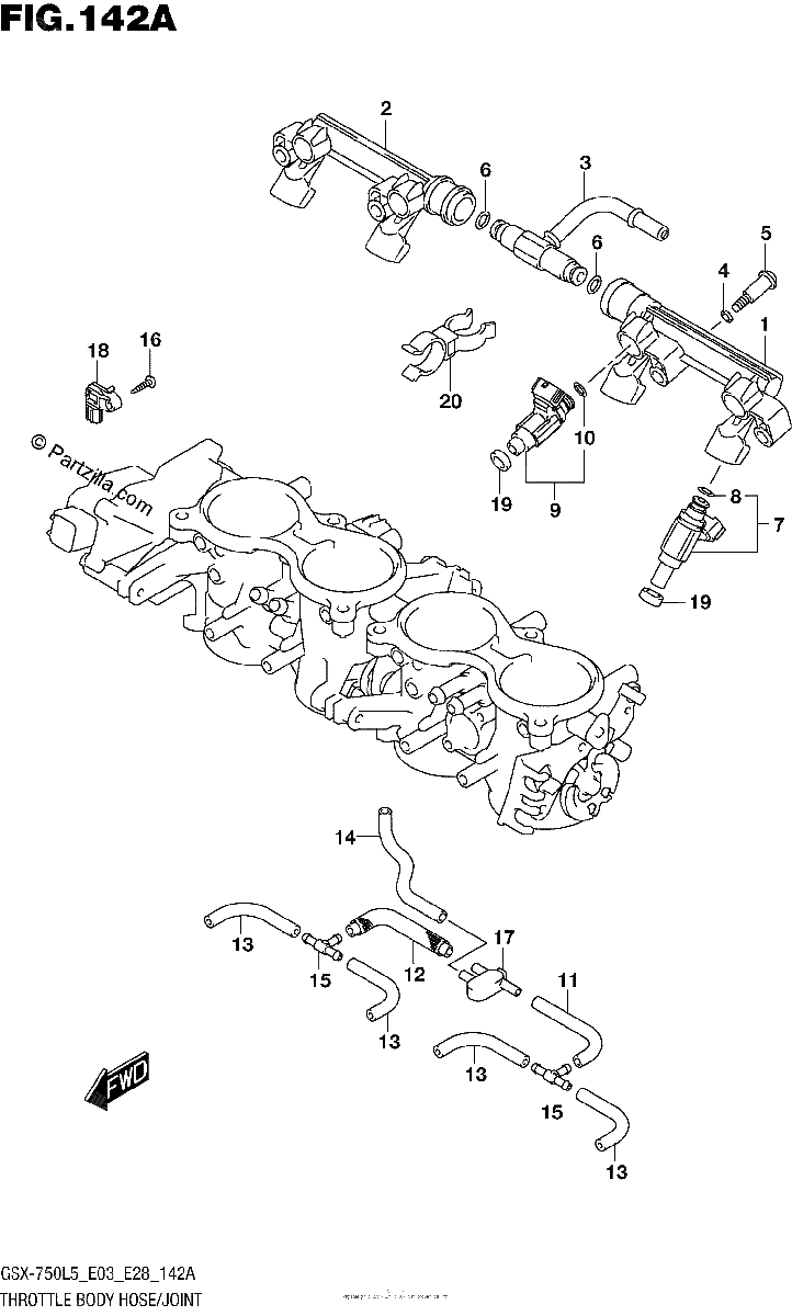 Diagrama de THROTTLE BODY HOSE JOINT GSX R750L5 E03