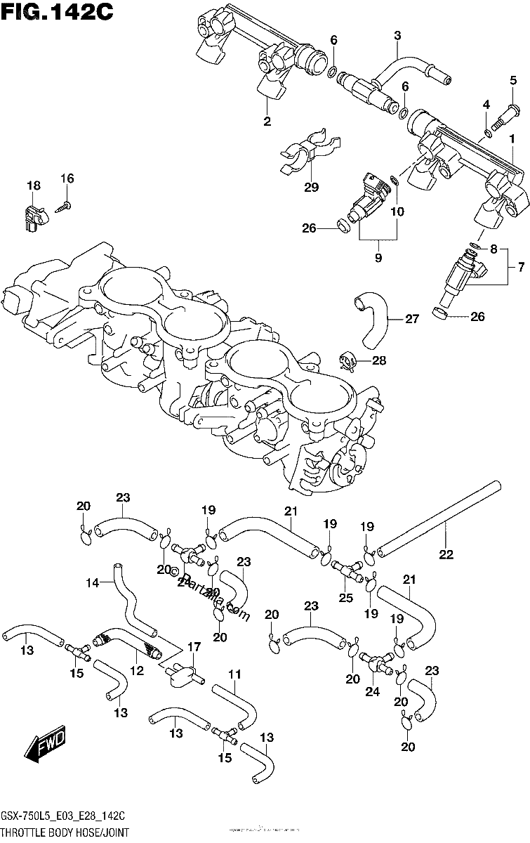 Diagrama de THROTTLE BODY HOSE JOINT GSX R750L5 E33