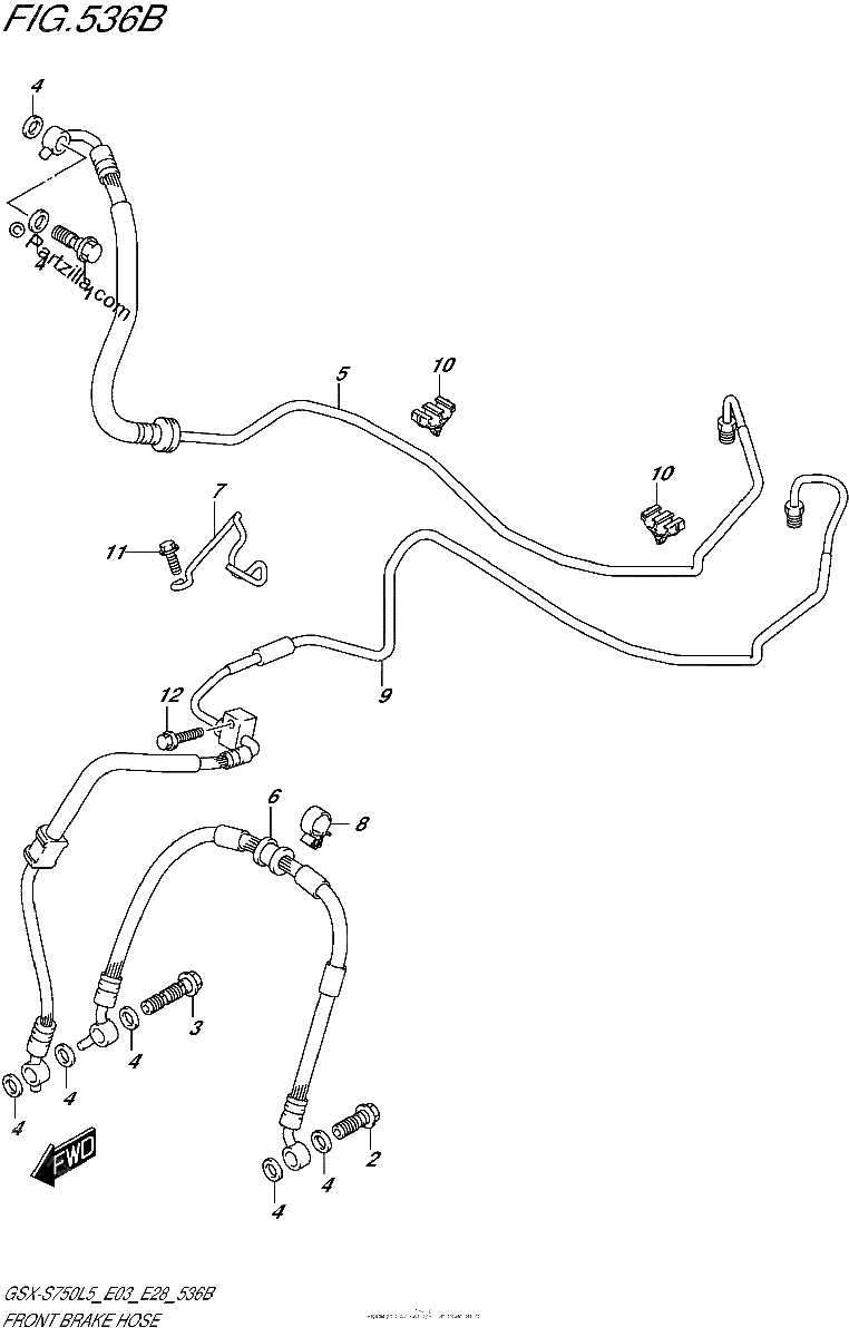 Diagrama de FRONT BRAKE HOSE GSX S750AL5 E28
