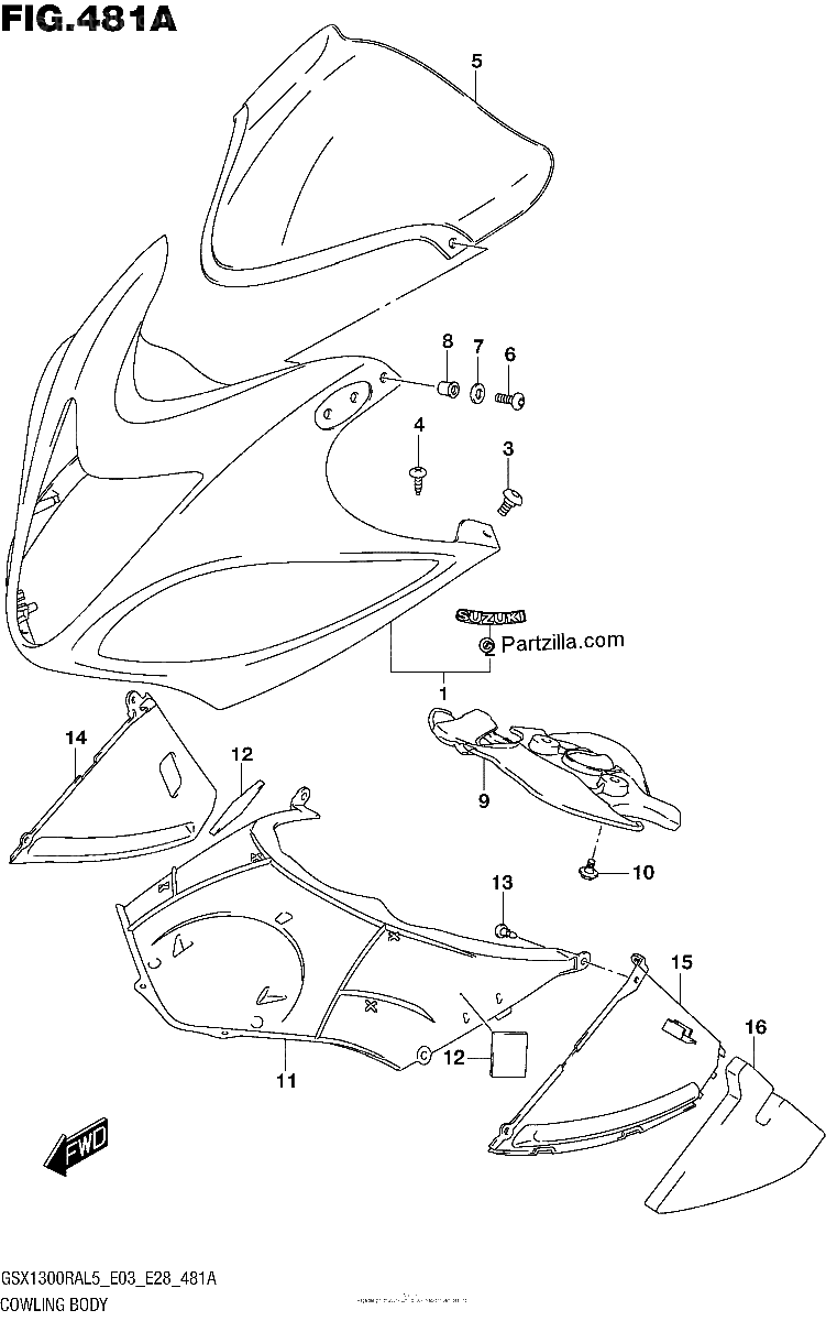 Diagrama de COWLING BODY GSX1300RAL5 E03