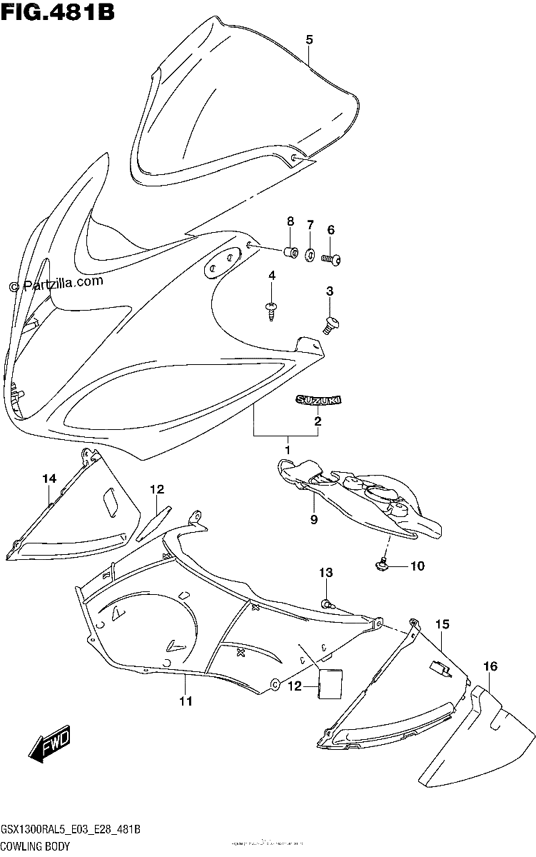 Diagrama de COWLING BODY GSX1300RAL5 E28