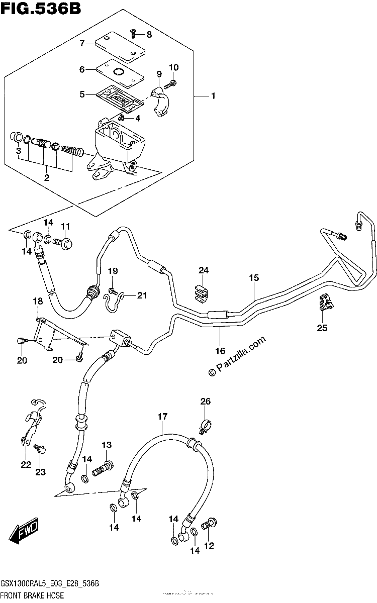 Diagrama de FRONT BRAKE HOSE GSX1300RAL5 E28