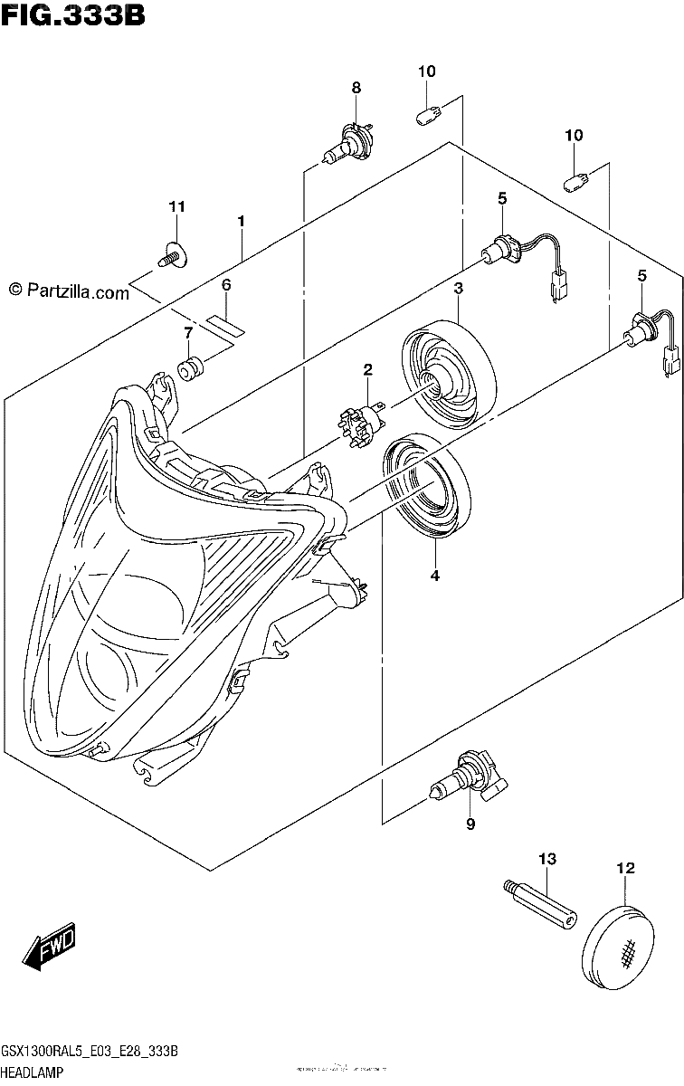 Diagrama de HEADLAMP GSX1300RAL5 E28