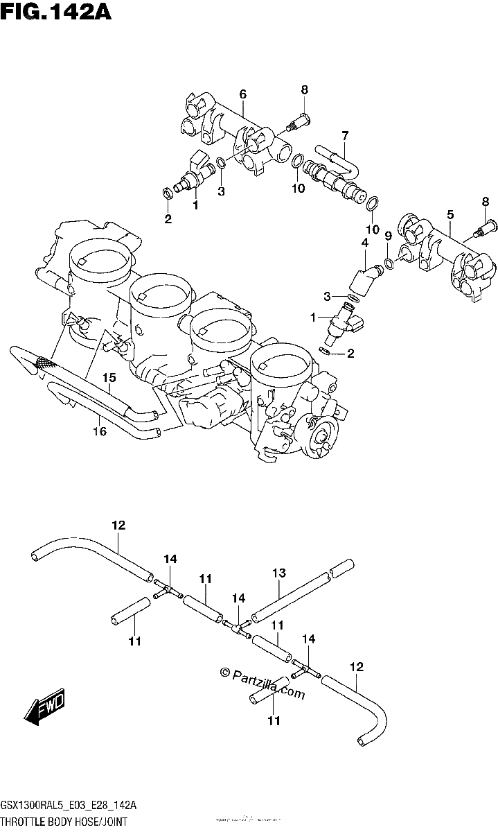 Diagrama de THROTTLE BODY HOSE JOINT GSX1300RAL5 E03