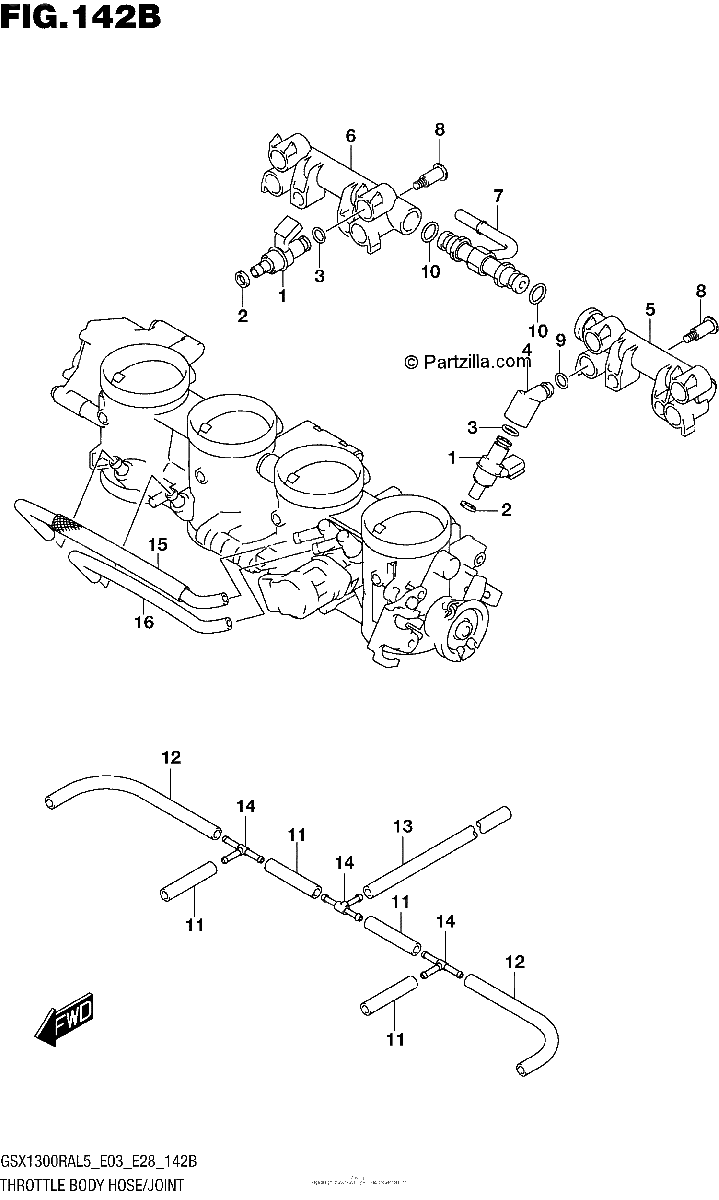 Diagrama de THROTTLE BODY HOSE JOINT GSX1300RAL5 E28