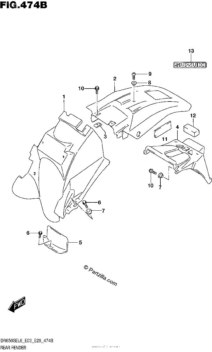 Diagrama de REAR FENDER DR650SEL6 E28