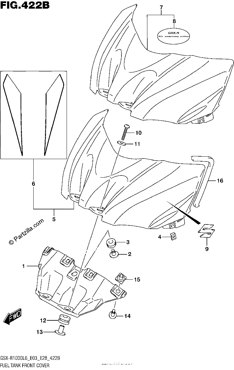Diagrama de FUEL TANK FRONT COVER GSX R1000L6 E28